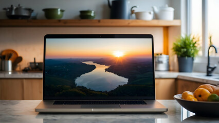 Sunset Glow on Laptop Display: Serene Landscape Setting Offers Copy Space for Tailored Messages