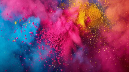 Scattering splashes of colorful bright powder on a dark background for Holi festival in India, concept of celebrating the arrival of spring, banishing evil and rebirth of life. - obrazy, fototapety, plakaty