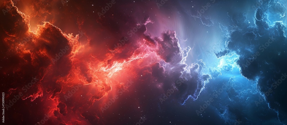 Poster computer generated background with abstract sci-fi concept featuring fractal clouds in red and blue 