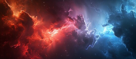 Computer generated background with abstract sci-fi concept featuring fractal clouds in red and blue hues, leaving plenty of free space.