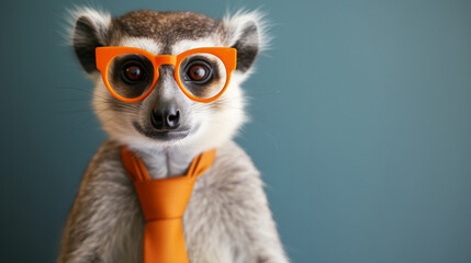 funny lemur. animals with glasses look at the camera. animals in a group together looking at the camera. An unusual moment full of fun and fashion consciousness.
