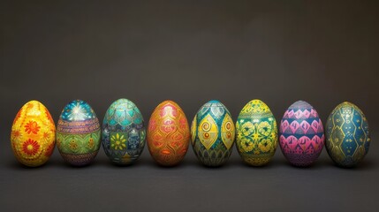 Eight beautifully decorated Easter eggs on a gray background. The concept of celebrating Easter, the arrival of spring. Empty space for text, banner
