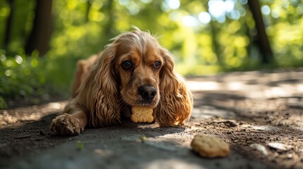 Cocker Spaniel savoring a biscuit, showcasing the silky ears and affectionate personality, arranged on a park-inspired scene