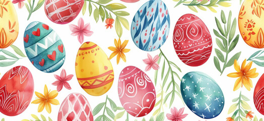Fototapeta na wymiar Watercolor Drawn beautiful multi-colored Easter eggs for the holiday of Holy Easter, banner 