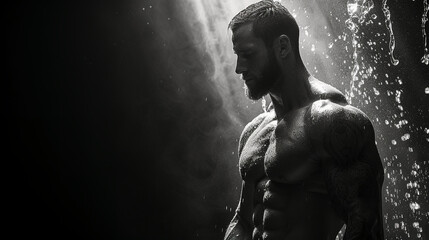 Black and white sports photography of a handsome male athlete with a dramatic look