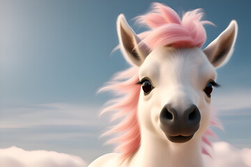 portrait of cute adorable Unicorn baby against blue sky background. Ai generated