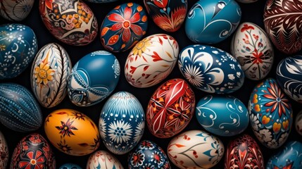 A large number of beautifully decorated Easter eggs, top view. The concept of celebrating Easter, the arrival of spring. 

