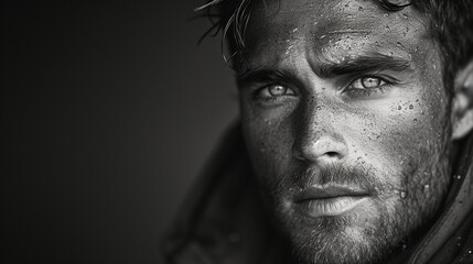 Black and white close-up photo portrait of a beautiful middle aged man with beard and a sensual gaze