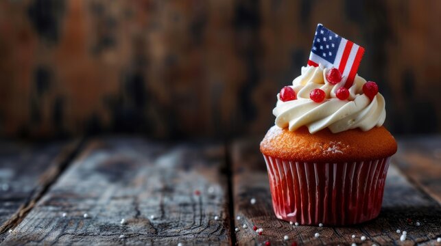 Sweet American cupcake with American flag in it with blue, red, white colors and stars against blurred cafe background. Concept of American patriotism in food and independence day in America 4th July
