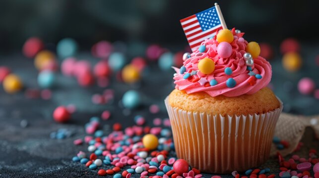 Sweet American cupcake with American flag in it with blue, red, white colors and stars against blurred cafe background. Concept of American patriotism in food and independence day in America 4th July
