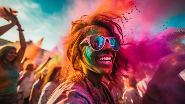 Happy people on the street in India in colored powder rejoice at the holiday, cheerful celebration of the holy festival of Holi
