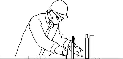 Single line drawing portrays a technician assessing tensile strength and conducting material testing, focusing on construction materials, engineering tests, and structural integrity