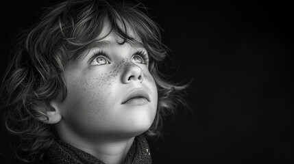 Black and white close-up photo portrait of a beautiful naive little boy with freckles and a sensual gaze