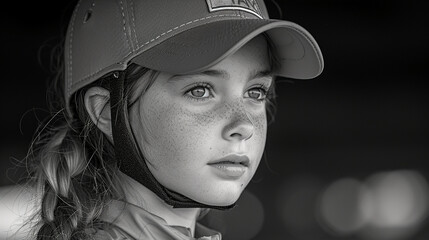 Black and white close-up photo portrait of a beautiful brunette little girl with freckles and a sensual gaze