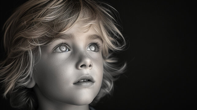 Black and white close-up photo portrait of a beautiful naive little boy with freckles and a sensual gaze