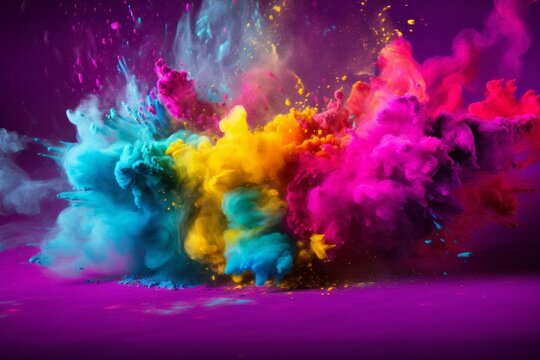 Scattering splashes of colorful bright powder on a dark background for Holi festival in India, concept of celebrating the arrival of spring, banishing evil and rebirth of life. © Tatiana