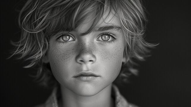 Black and white close-up photo portrait of a beautiful naive little boy with freckles and a sensual gaze