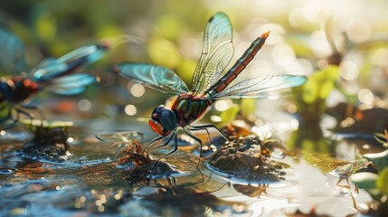 Conceptual illustration of miniature dragonflies in a scaled-down wetland, showcasing their iridescent wings and graceful flight patterns