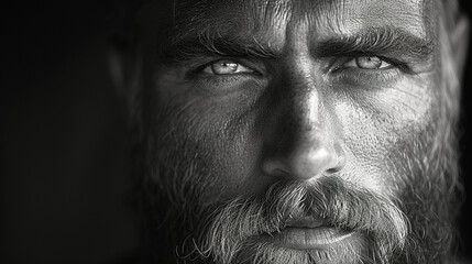 Obraz premium Black and white close-up photo portrait of a beautiful middle aged man with beard and a sensual gaze