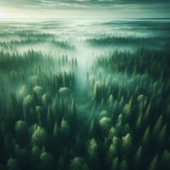 Fototapeta na wymiar Drone shot looking down on a boreal forest with misty ground