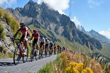 Professional cyclists racing on Pyrenees mountainous road with scenic backdrop.