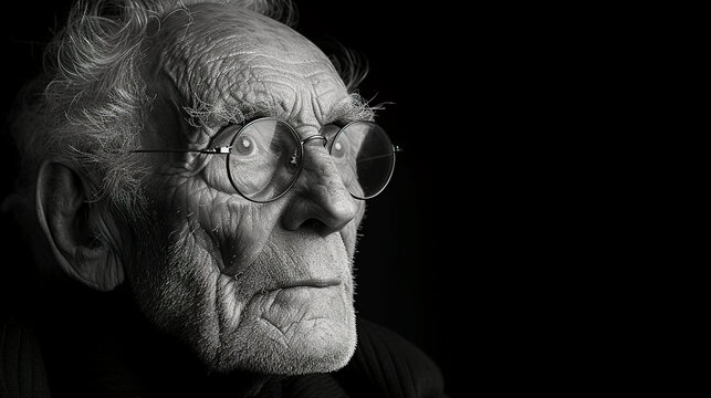 Black and white close-up photo portrait of a sad old man in glasses with gray hair and a serious gaze