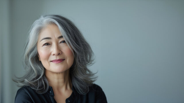 Happy smiling stylish confident 50 years old Asian female professional standing looking at camera at gray background. Portrait of sophisticated grey hair woman advertising products.