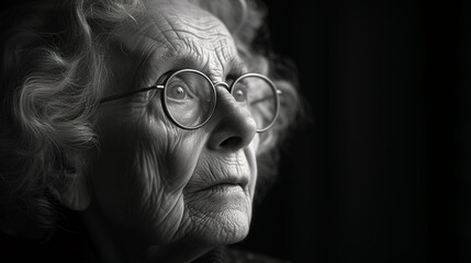 Black and white close-up photo portrait of a beautiful old lady with gray hair and a sensual gaze - obrazy, fototapety, plakaty