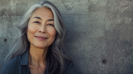Fototapeta premium Happy smiling stylish confident 50 years old Asian female professional standing looking at camera at gray background. Portrait of sophisticated grey hair woman advertising products.