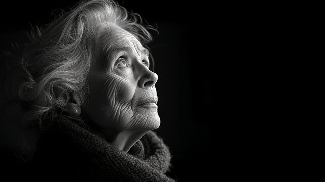 Black and white close-up photo portrait of a beautiful old lady with gray hair and a sensual gaze