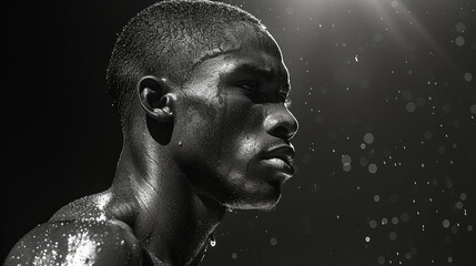 Black and white sports photography of a handsome male athlete with a dramatic look