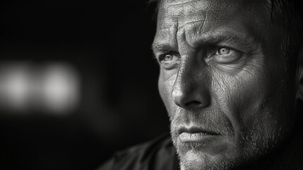 Obraz premium Black and white close-up photo portrait of a handsome middle aged man with wrinkles and a serious gaze