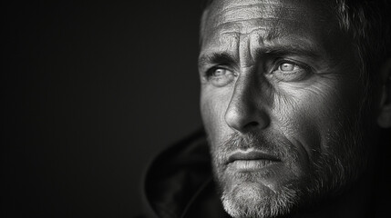 Fototapeta premium Black and white close-up photo portrait of a handsome middle aged man with wrinkles and a serious gaze