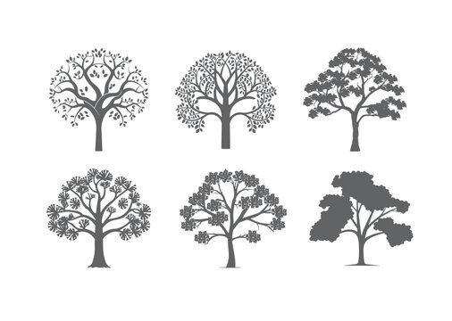 Set of trees silhouette for brush on white background, collection of tree