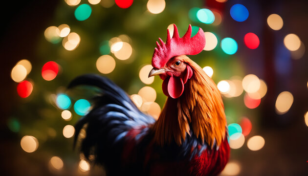 Rooster in front of a Christmas tree.