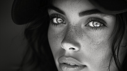 Black and white close-up photo portrait of a beautiful brunette girl with freckles and a sensual gaze