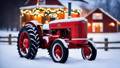 Red tractor in the snow with Christmas lights.  Festive tractor.
