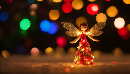 Cute angel lit up with Christmas lights, Christmas background