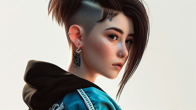 esport woman with sidecut short hair wearing sweatsuit