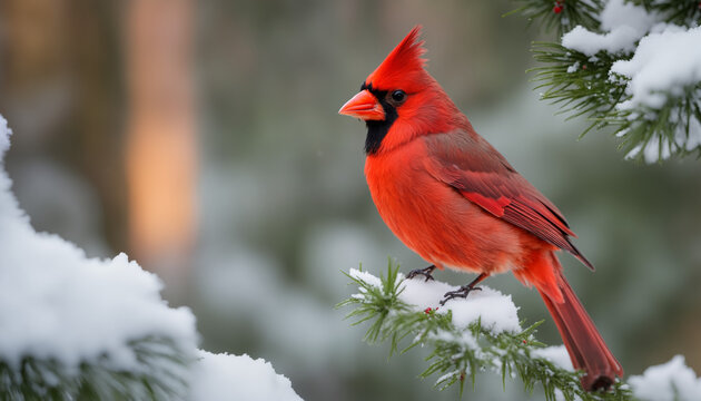 Red cardinal in snow on branch, winter scene
