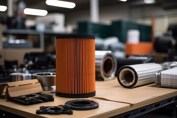 Close-up view of a brand new air filter element, ready to be installed in an industrial machine, sitting on a workbench surrounded by tools and blueprints