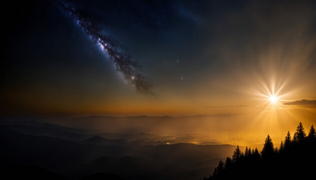 sunset in the mountains with Milky Way stars