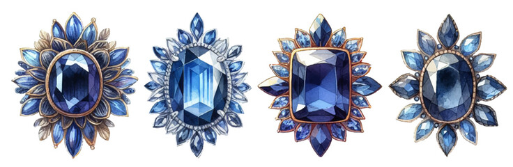 Sapphire brooch watercolor illustration material set
