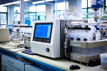 A detailed view of a gas chromatograph column in an industrial laboratory, surrounded by various scientific equipment and tools used for chemical analysis