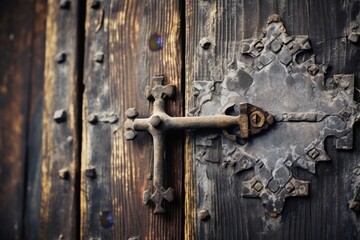 A Close-Up Shot of a Rustic Metal Hinge, Capturing the Intricate Details and Weathered Texture, Set Against the Backdrop of an Old Wooden Door in an Industrial Setting