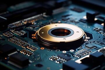Obraz premium Close-up view of an optical drive lens, a critical component in data storage devices, housed in a complex industrial setting with intricate circuitry