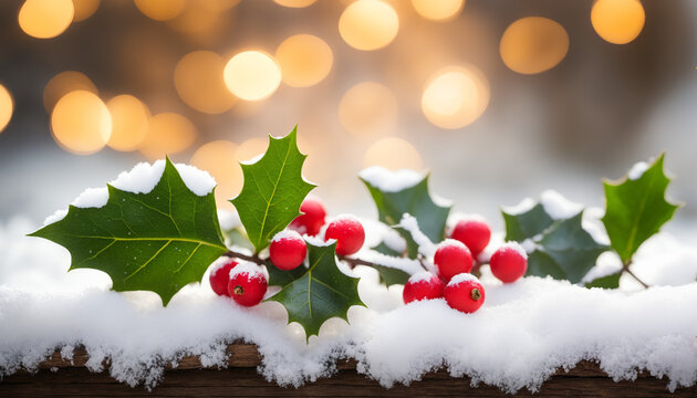 Holly berries in the snow with bokeh light background