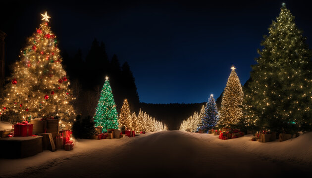 Christmas tree lined lane at night