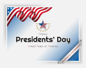 Obraz premium Holidays, design, background with texts and national flag colors for American Presidents Day, event celebration; Vector illustration