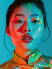 A close-up portrait of asian woman with a colorful play of light on her face, creating a modern and artistic effect against a blue background